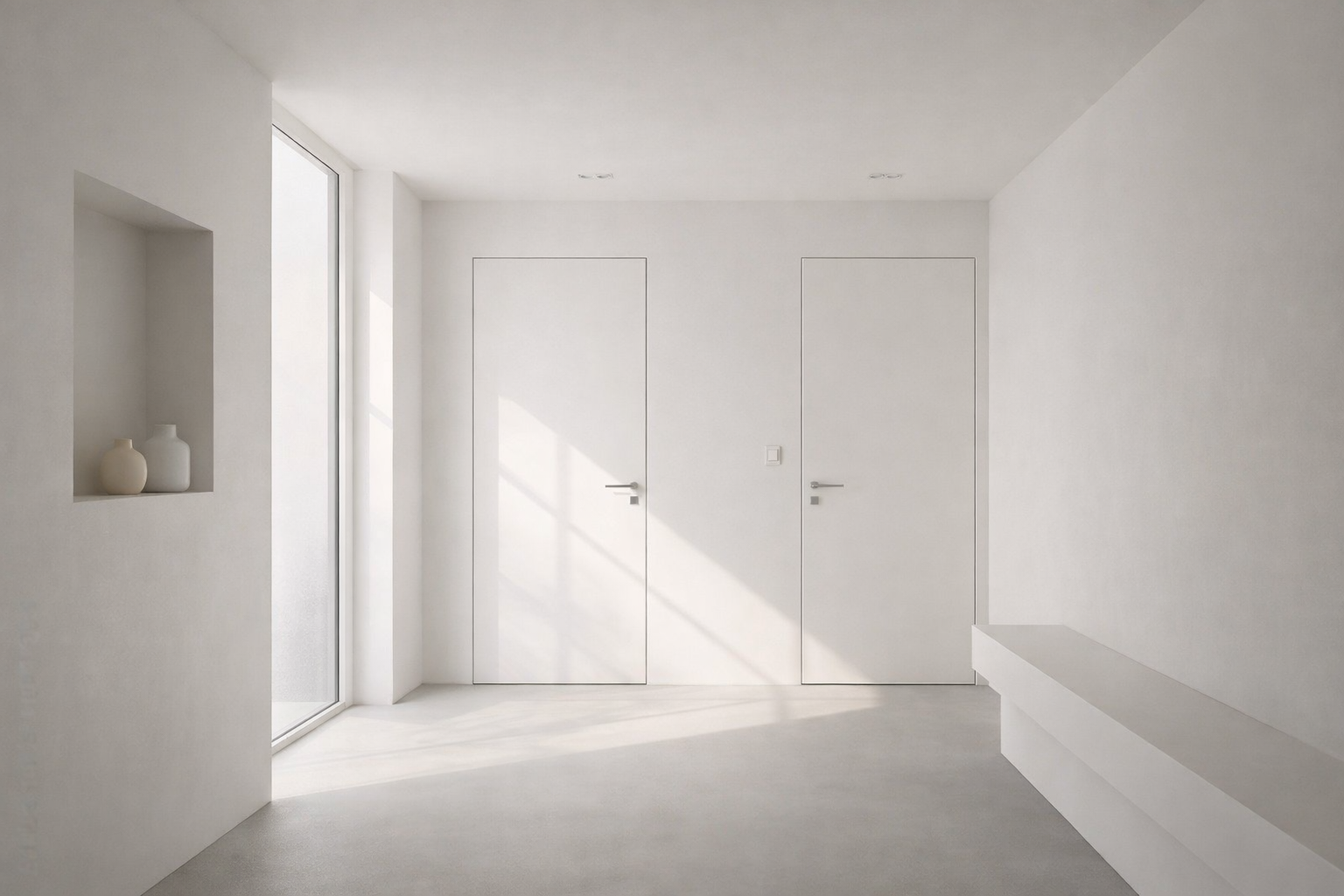Minimalistische witte hal met twee gesloten deuren, waar het zonlicht van links naar binnen stroomt.