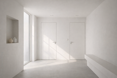 Minimalistische witte hal met zonlicht dat door een raam naar binnen schijnt en twee gesloten deuren.