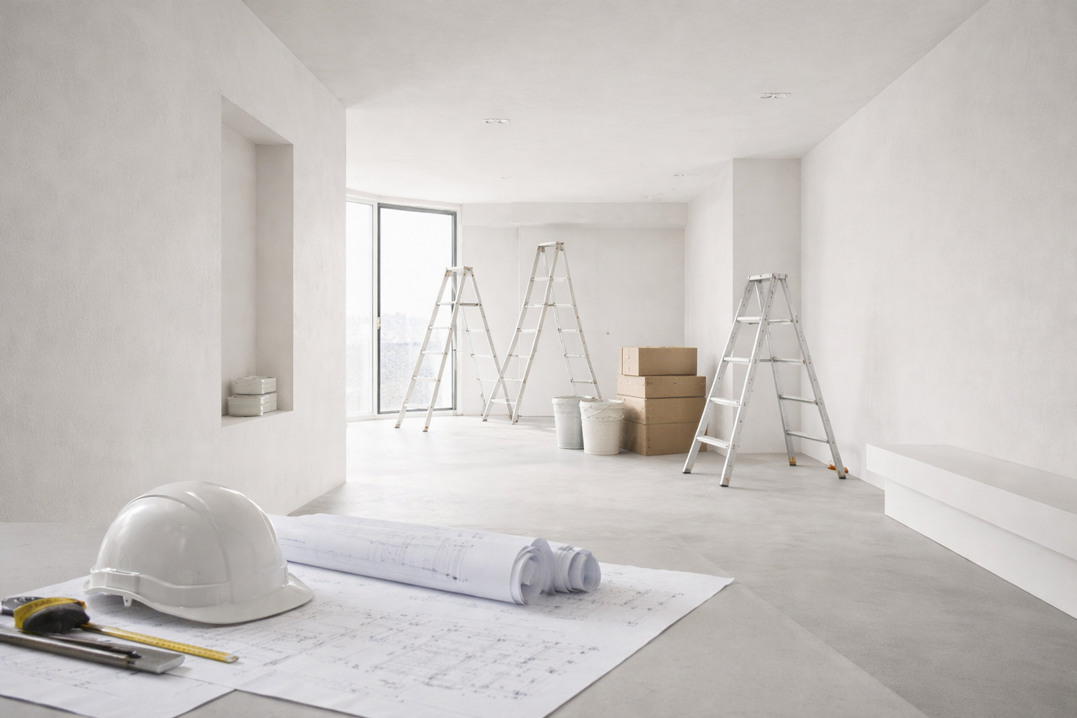 Lichte, onafgewerkte kamer met ladders, dozen, gereedschap en bouwtekeningen op de vloer.