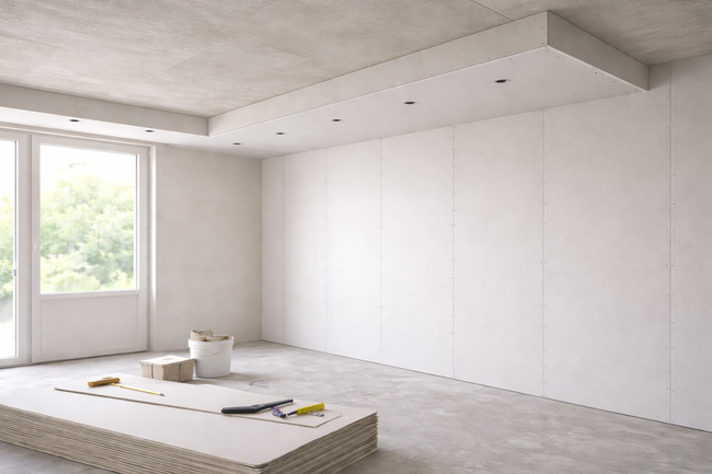 Lege witte kamer in renovatie met groot raam, onafgewerkte vloer en bouwmaterialen op de vloer.