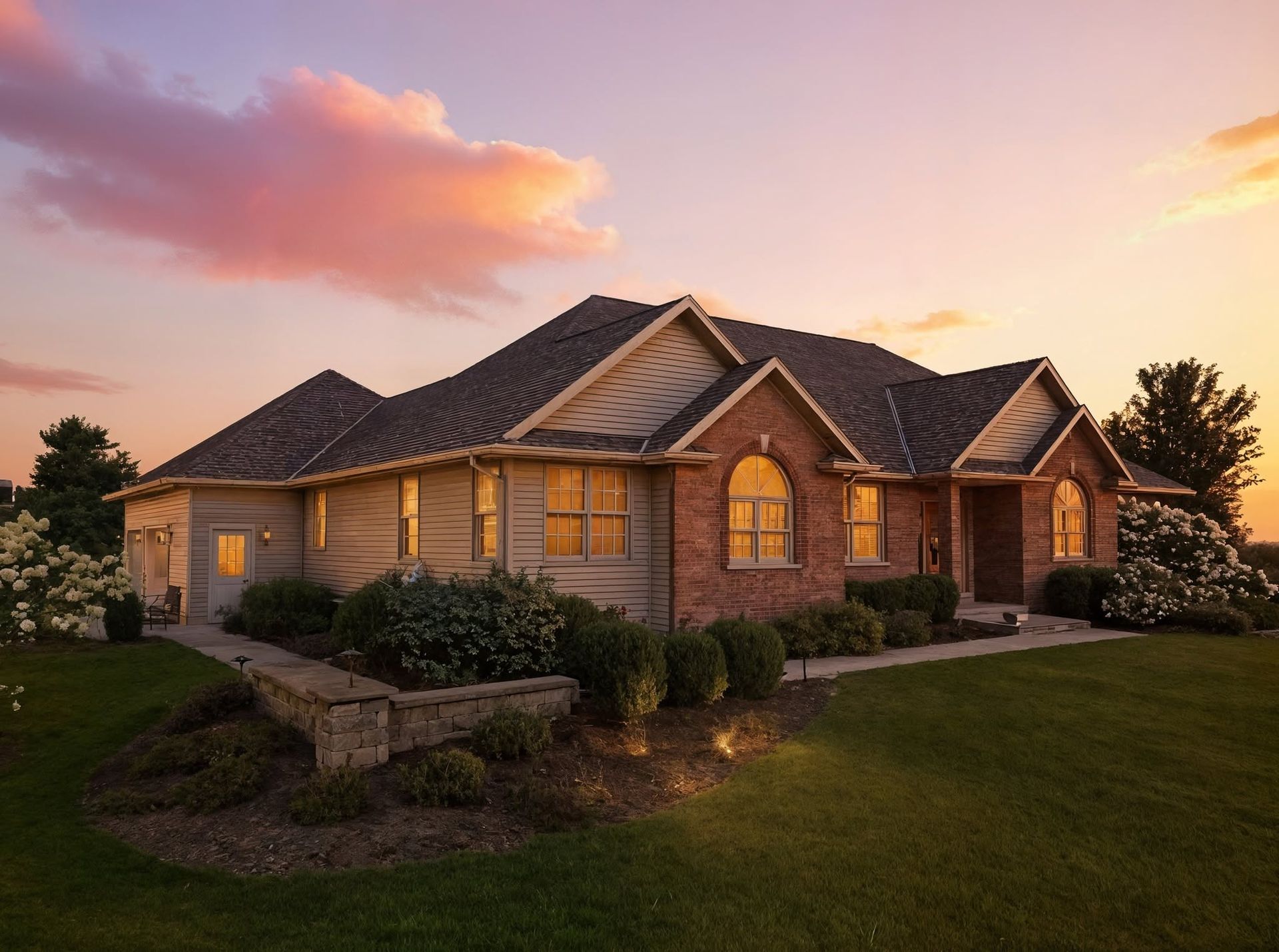 Twilight presentation of a single-story brick home beneath a colorful sky