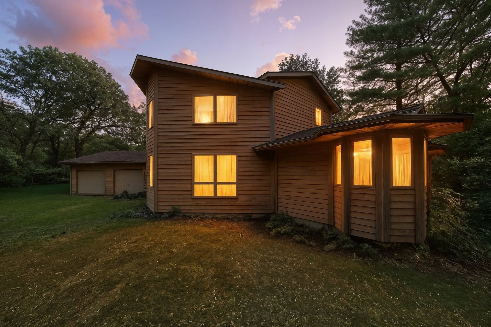 Evening presentation of a wood-sided home with illuminated windows