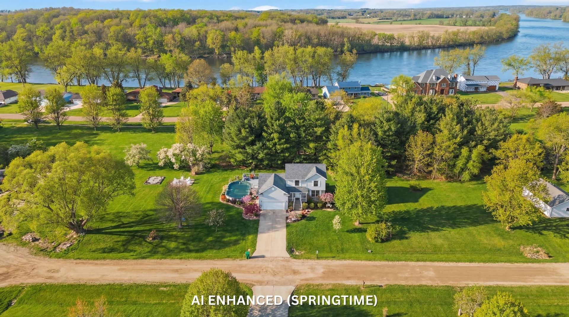 AI-enhanced springtime aerial drone presentation of a home near the water