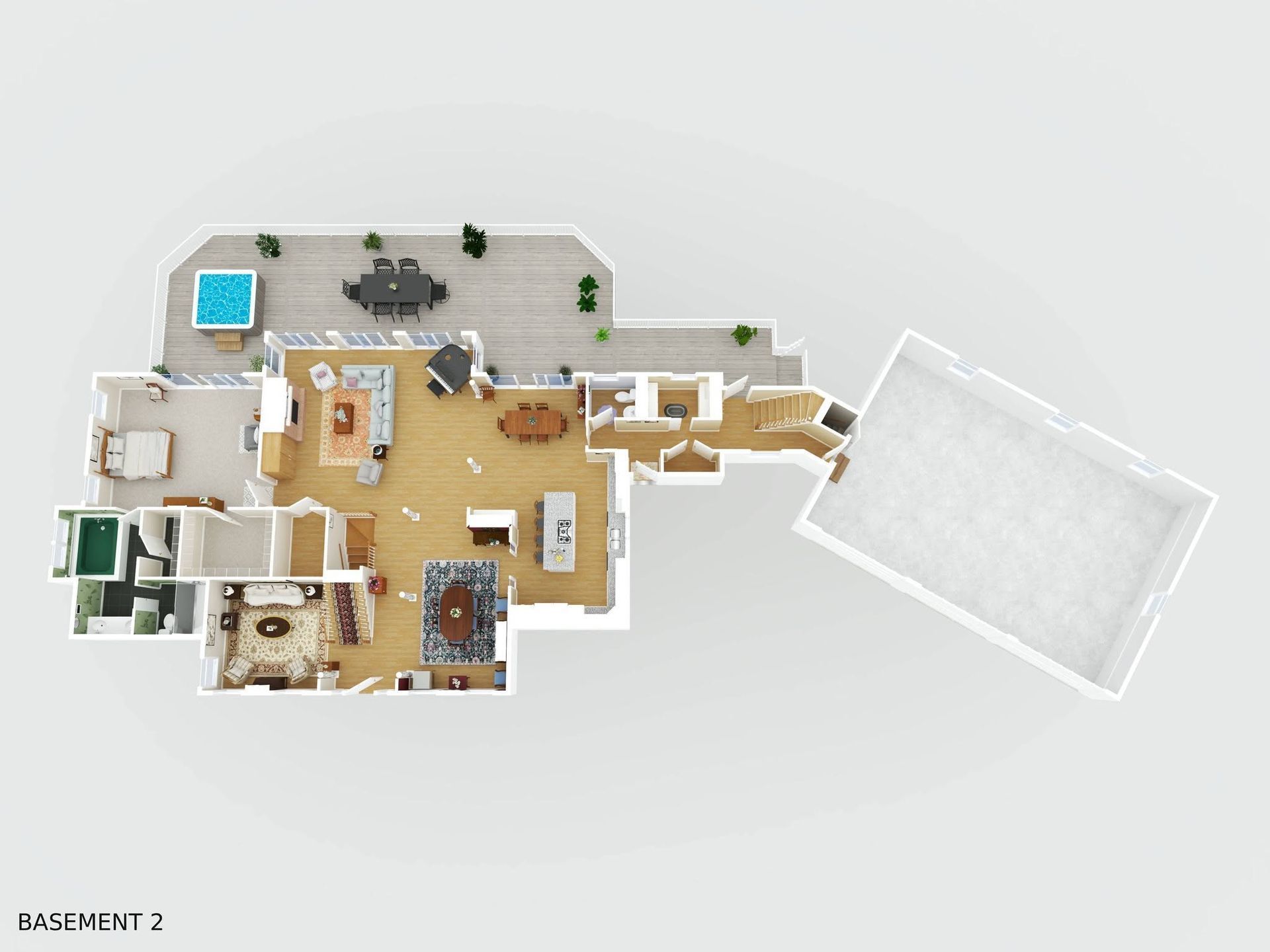 Rendered floor plan showing furnished rooms and their arrangement