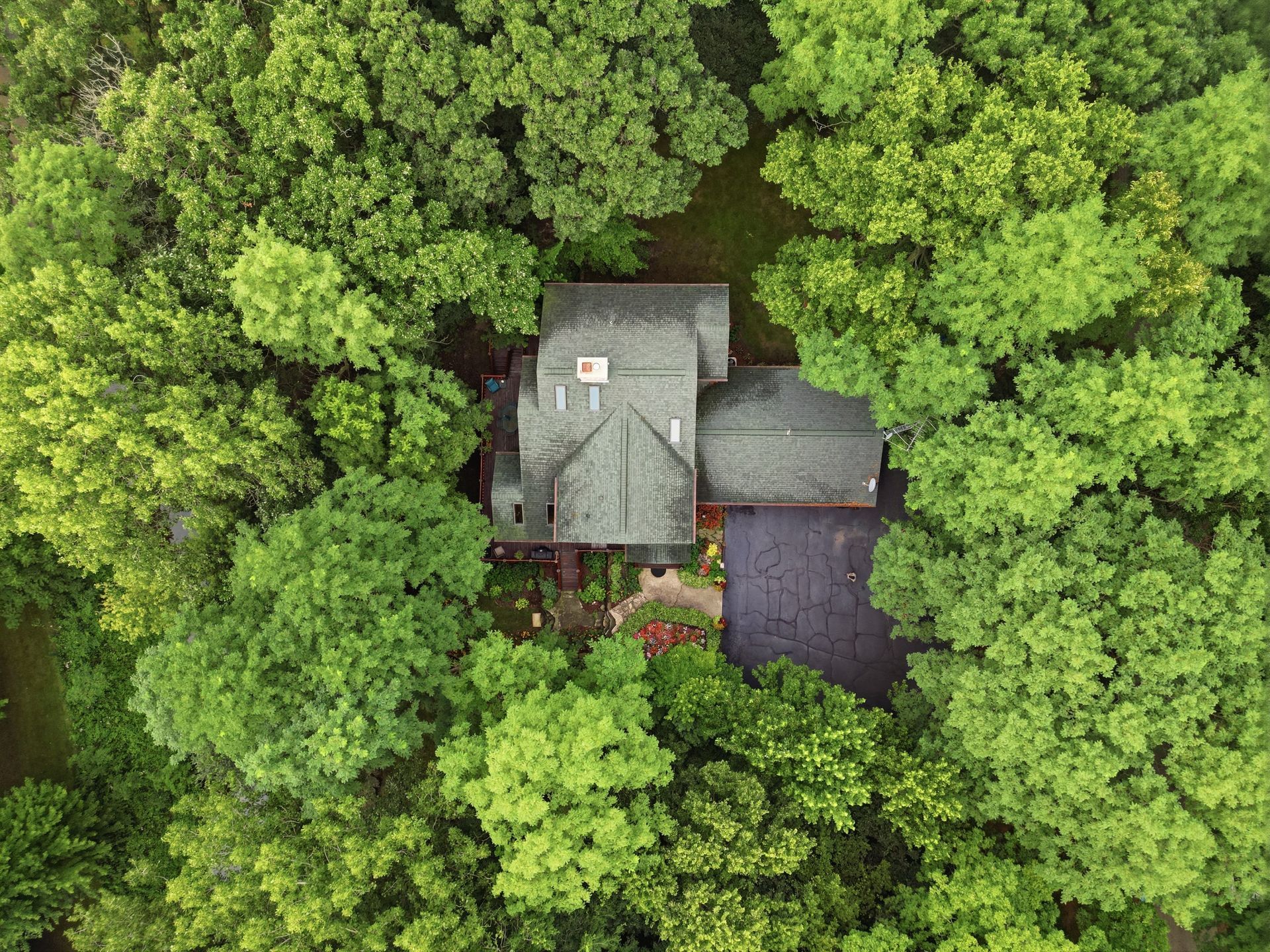 Overhead drone view of a home surrounded by dense trees