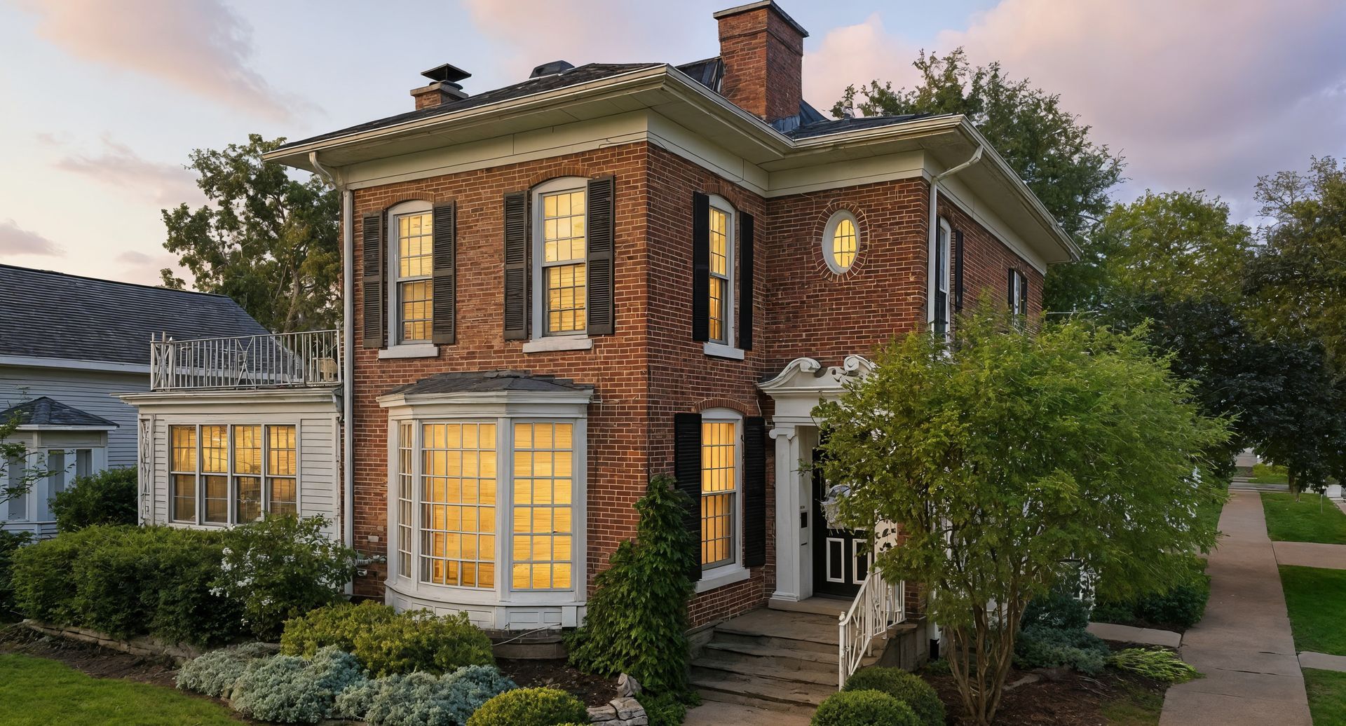 Twilight presentation of a two-story brick home with warm window lighting