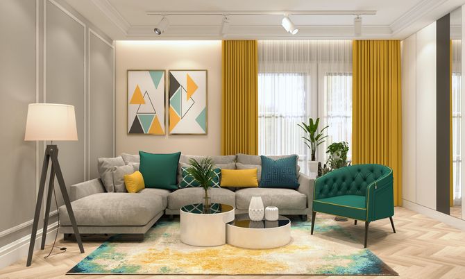 Woman Sitting In Blue Sofa — Pomona, CA — Althan Design Draperies & Decor