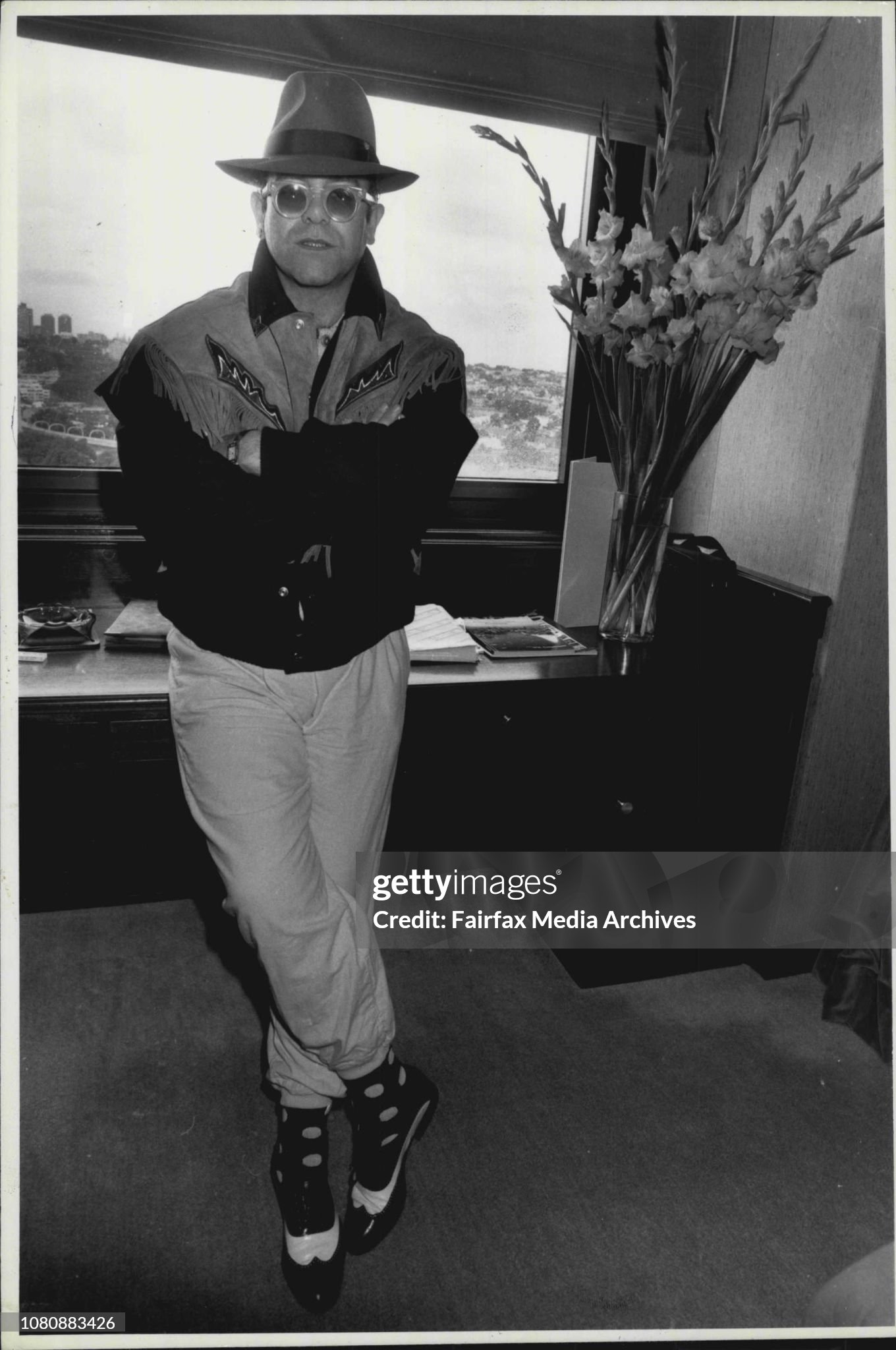 Historical photo of Elton John at the Seble Twonhouse Hotel in Elizabeth Bay now know as The Encore building