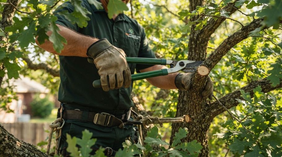 Person pruning a tree with loppers outdoors, wearing gloves and a dark shirt.