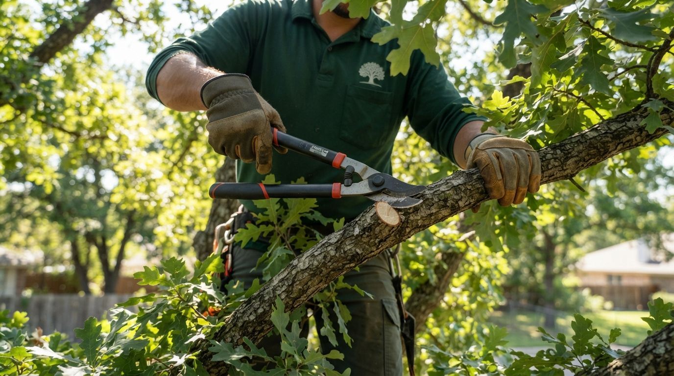 Gardener trimming a tree branch with loppers in a sunny yard