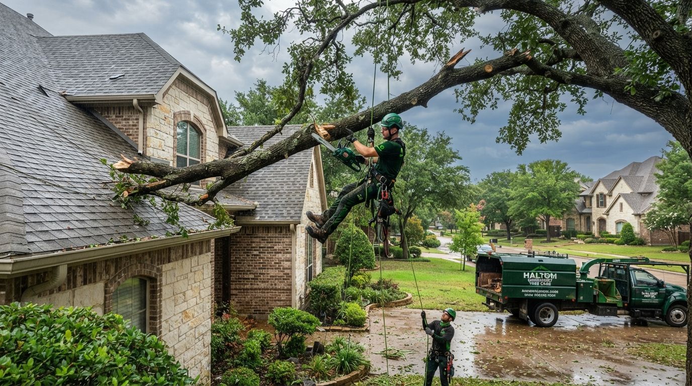 Arborist trimming a large tree over a brick house and driveway, with a green utility truck nearby