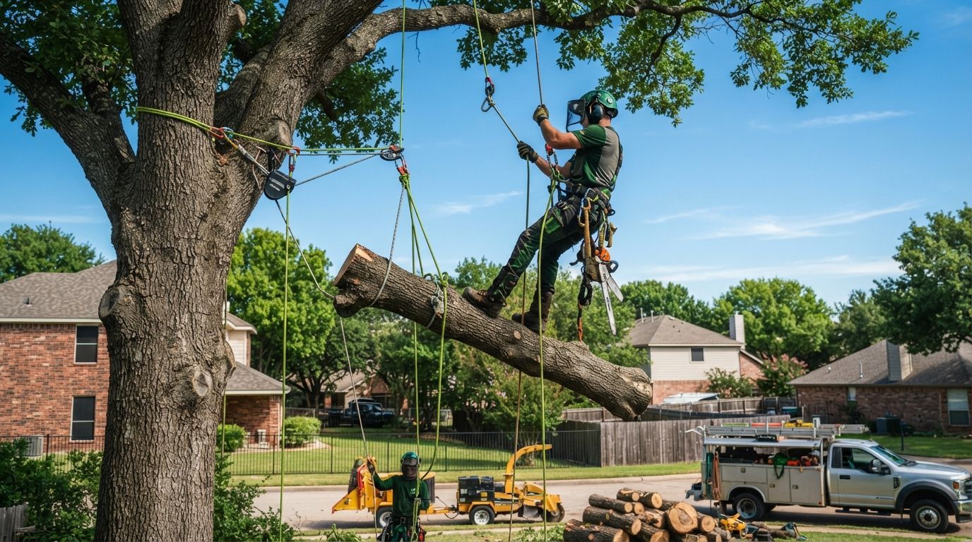 Tree service worker cuts down a large limb with a crane in a suburban yard.
