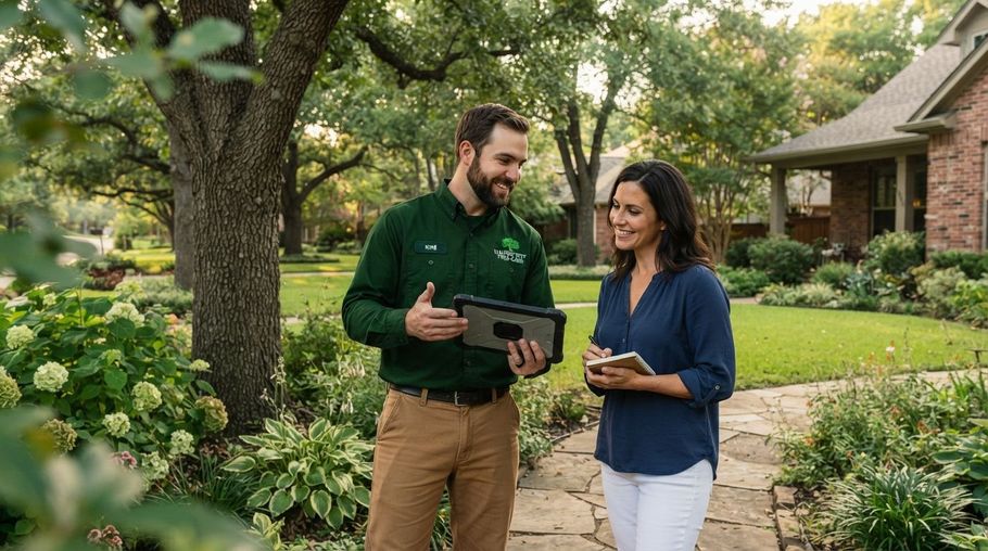Two people reviewing a tablet while walking on a garden path beside a house