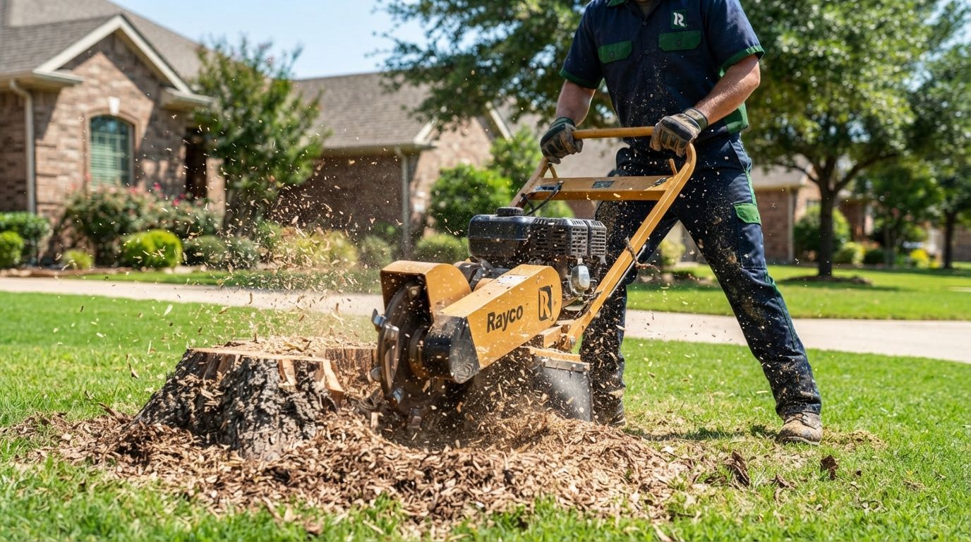 Worker using a stump grinder to remove a tree stump in a suburban yard