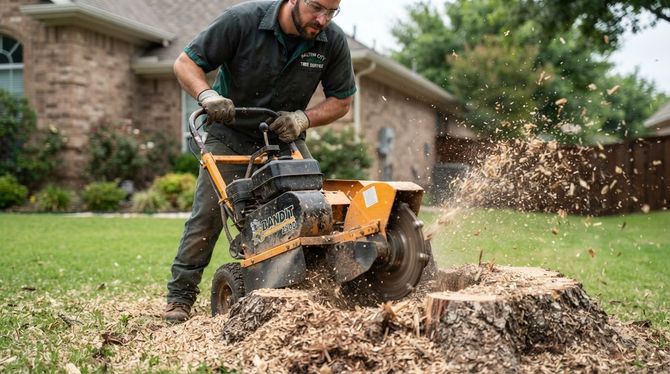 Person operating an orange wood chipper, throwing wood chips in a suburban yard.