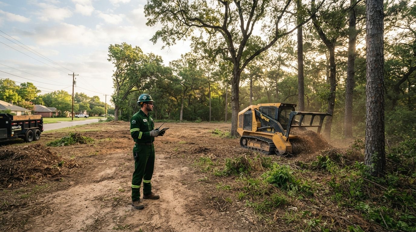 Worker in green safety gear operates a yellow excavator clearing trees and brush along a dirt road.