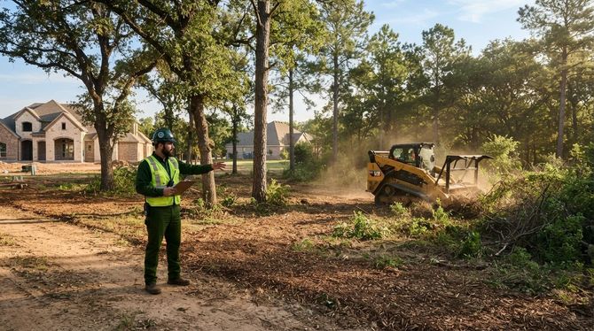 Worker in a neon vest directing a skid steer clearing a wooded lot near a house
