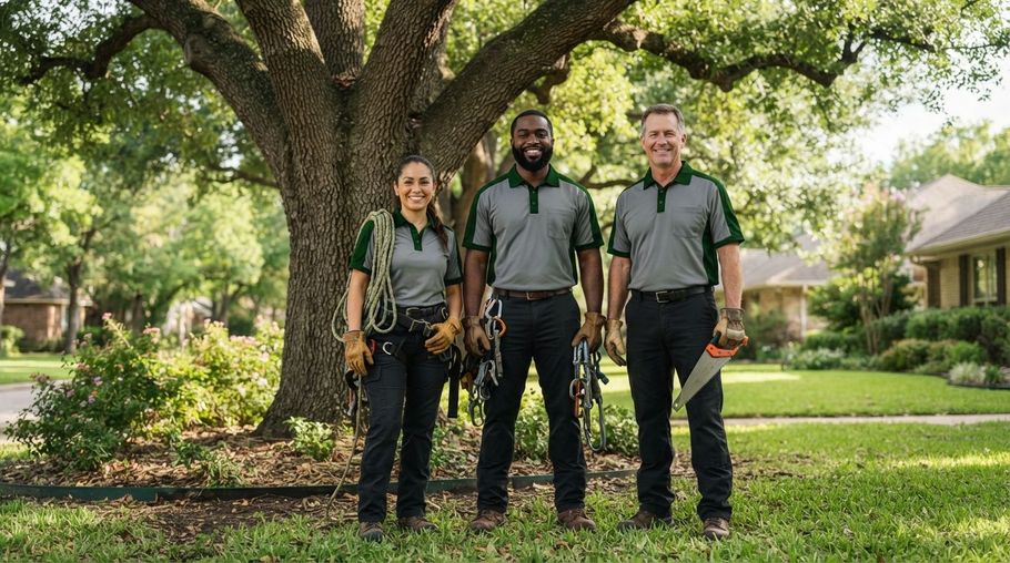 Three people in gray shirts stand in a sunny yard beneath a large tree.