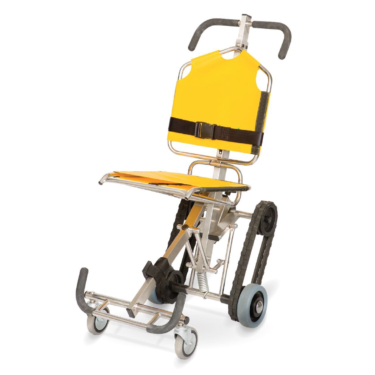 Yellow and silver stair chair for emergency transport.