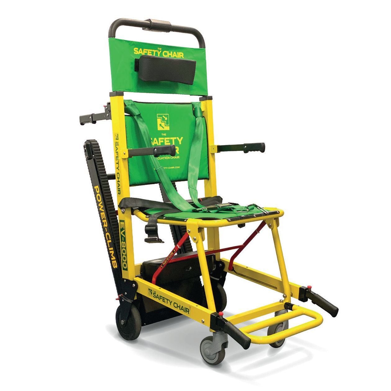 Yellow and green safety chair with seatbelts, designed to assist in stair climbing.
