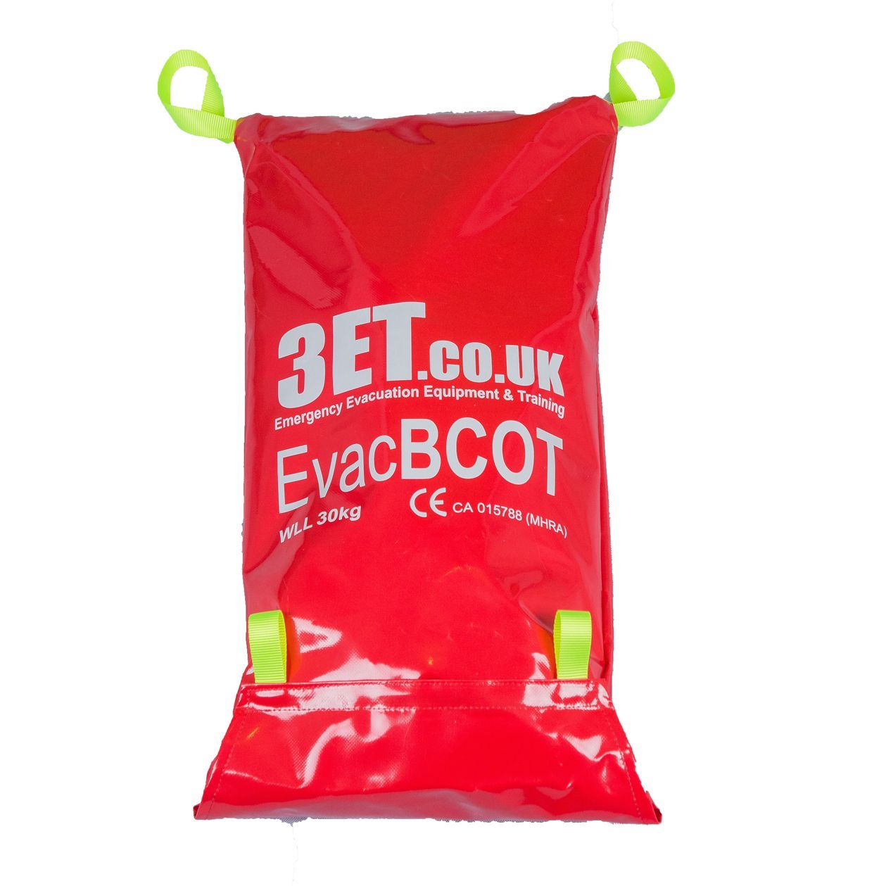 Red evacuation bag labeled "EvacBCOT", with green handles and straps.
