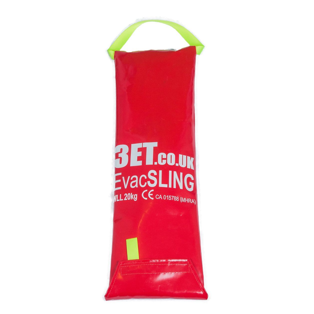 Red EvacSling emergency evacuation device with a yellow handle, white text, and a weight limit of 30kg.