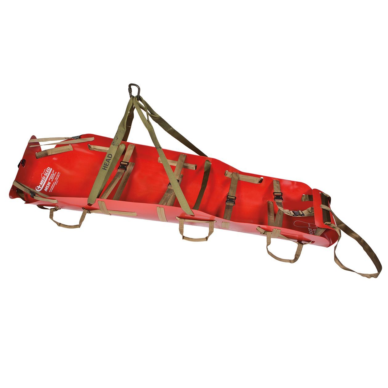 Red and tan Stokes litter with tan straps and a top hoist.