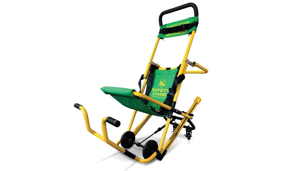 Yellow and green stair chair for medical transport.