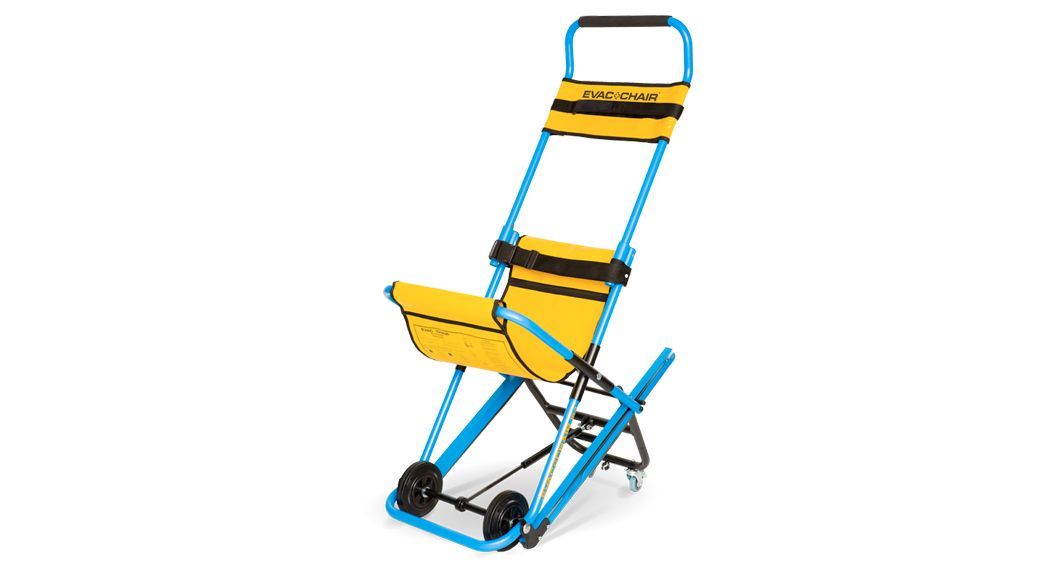Yellow and blue stair chair for emergency evacuation with wheels.