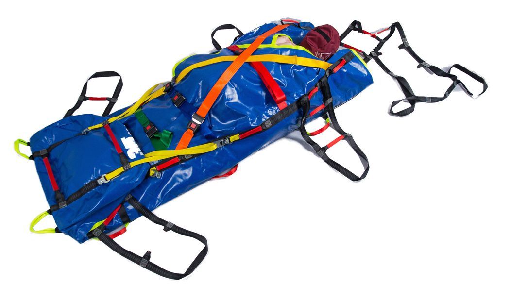 Blue rescue stretcher with straps and handles.