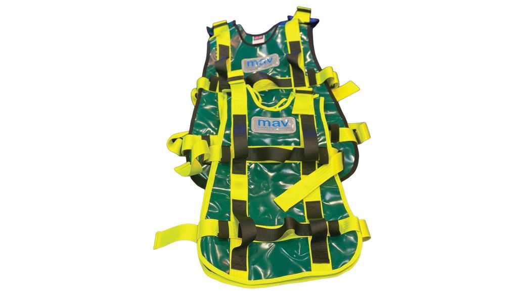 Green and yellow safety vest with multiple straps and buckles.