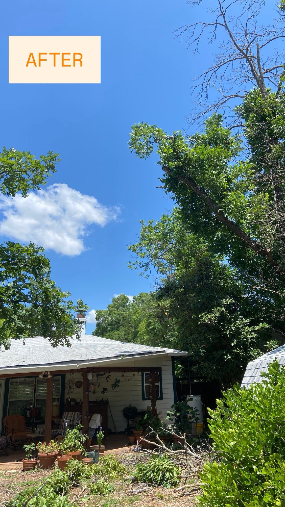 A small white house with a porch, trees, and blue sky; 