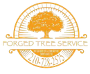 Logo for Forged Tree Service: an orange tree within a gold circle; includes the phone number.