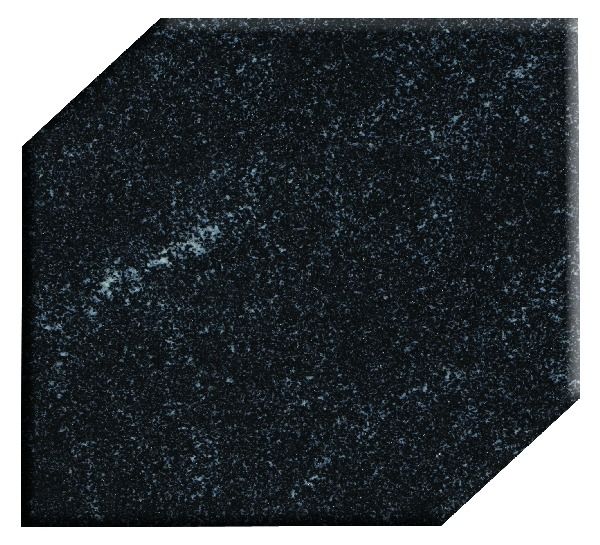 Black glittery hexagonal tile with clipped corners on a white background