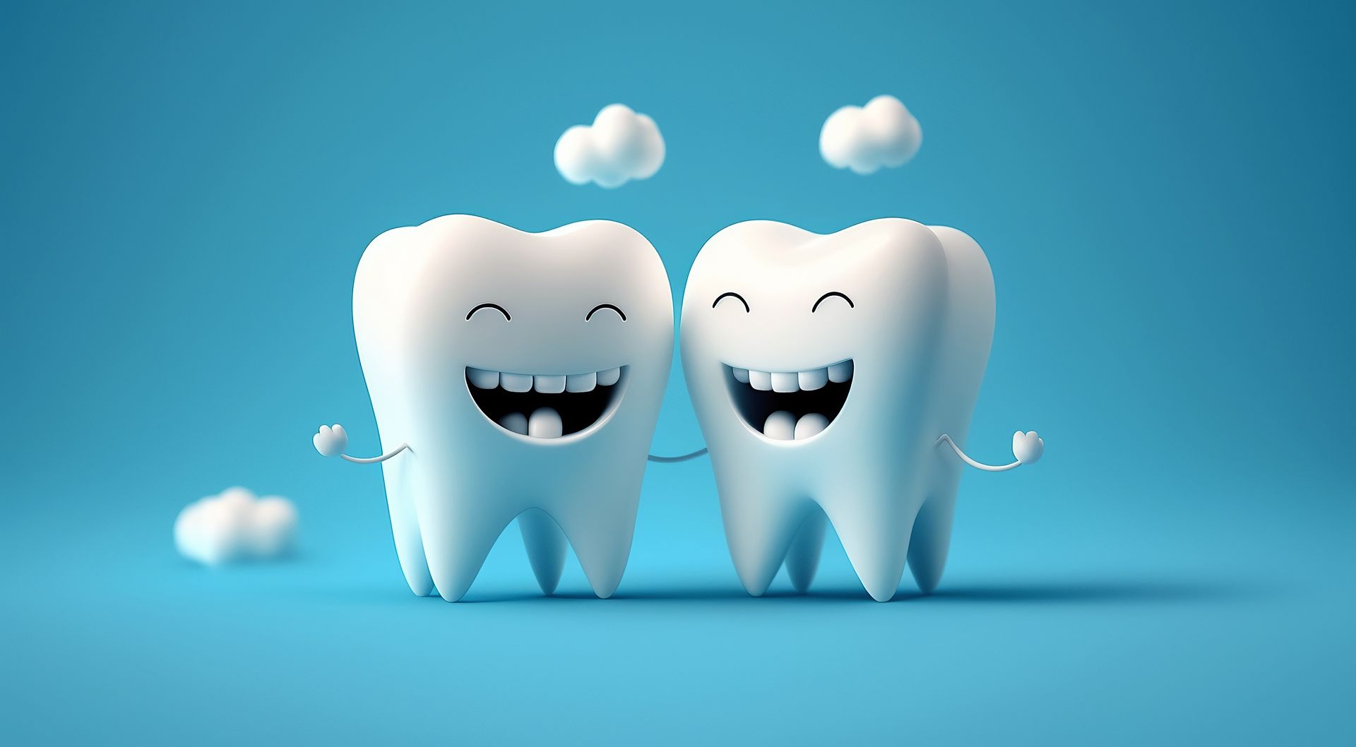 Two cartoon teeth smiling and hugging, blue background.