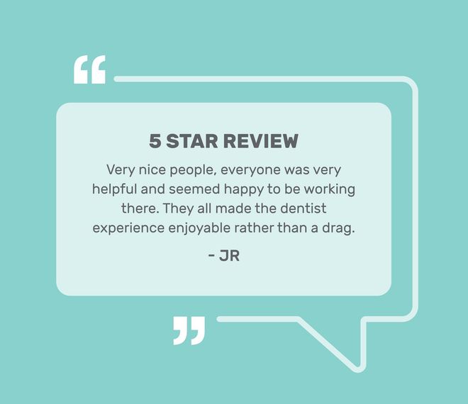 Quote from a dentist customer, "5 STAR REVIEW", on a turquoise background.