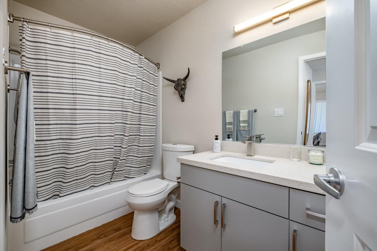 Small bathroom with shower curtain, toilet, vanity sink, and mirror under a wall light.