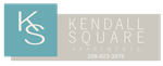 Kendall Square Apartments logo with teal and beige panels and phone number 209-823-3975