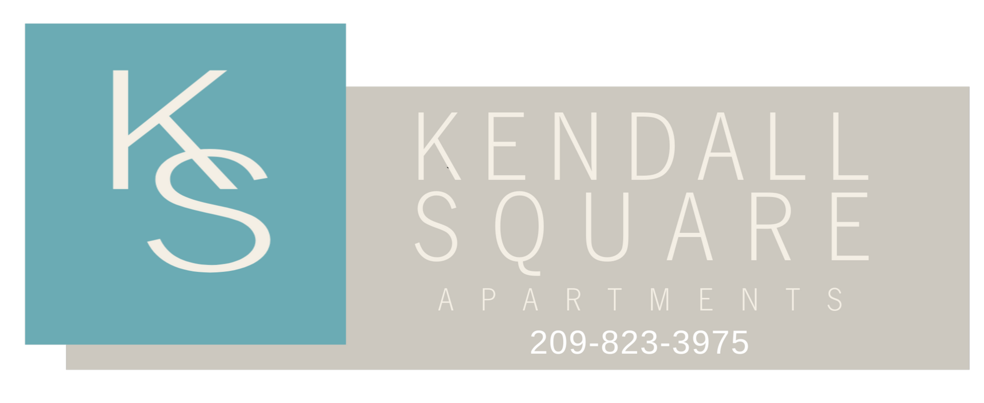 Kendall Square Apartments logo with teal and beige panels and phone number 209-823-3975