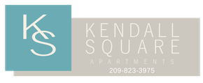 Kendall Square Apartments logo with teal and beige panels and phone number 209-823-3975
