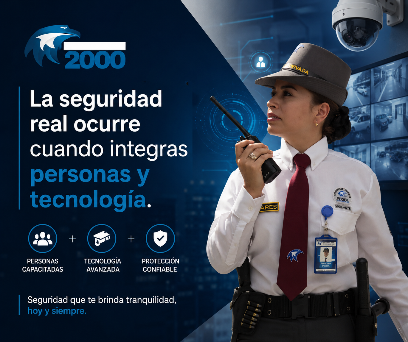 Guarda de seguridad femenina- Ventajas de integrar seguridad física y tecnología en tu empresa.
