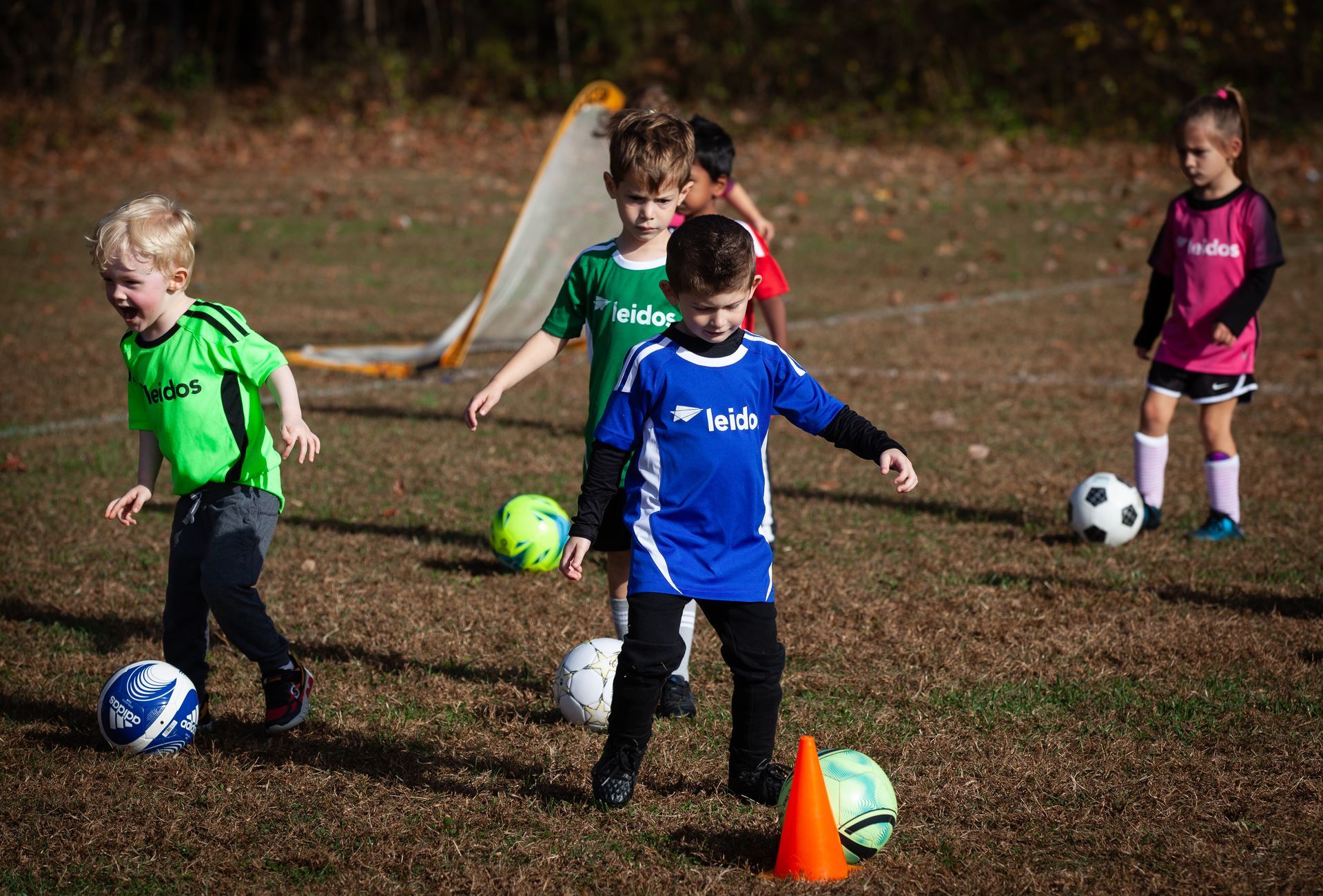 A group of young children playing soccer for Great Falls Reston Soccer Club