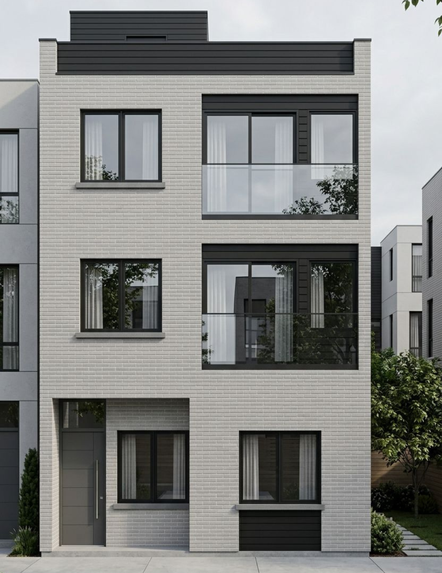 Modern three-story gray brick townhouse with black-framed windows