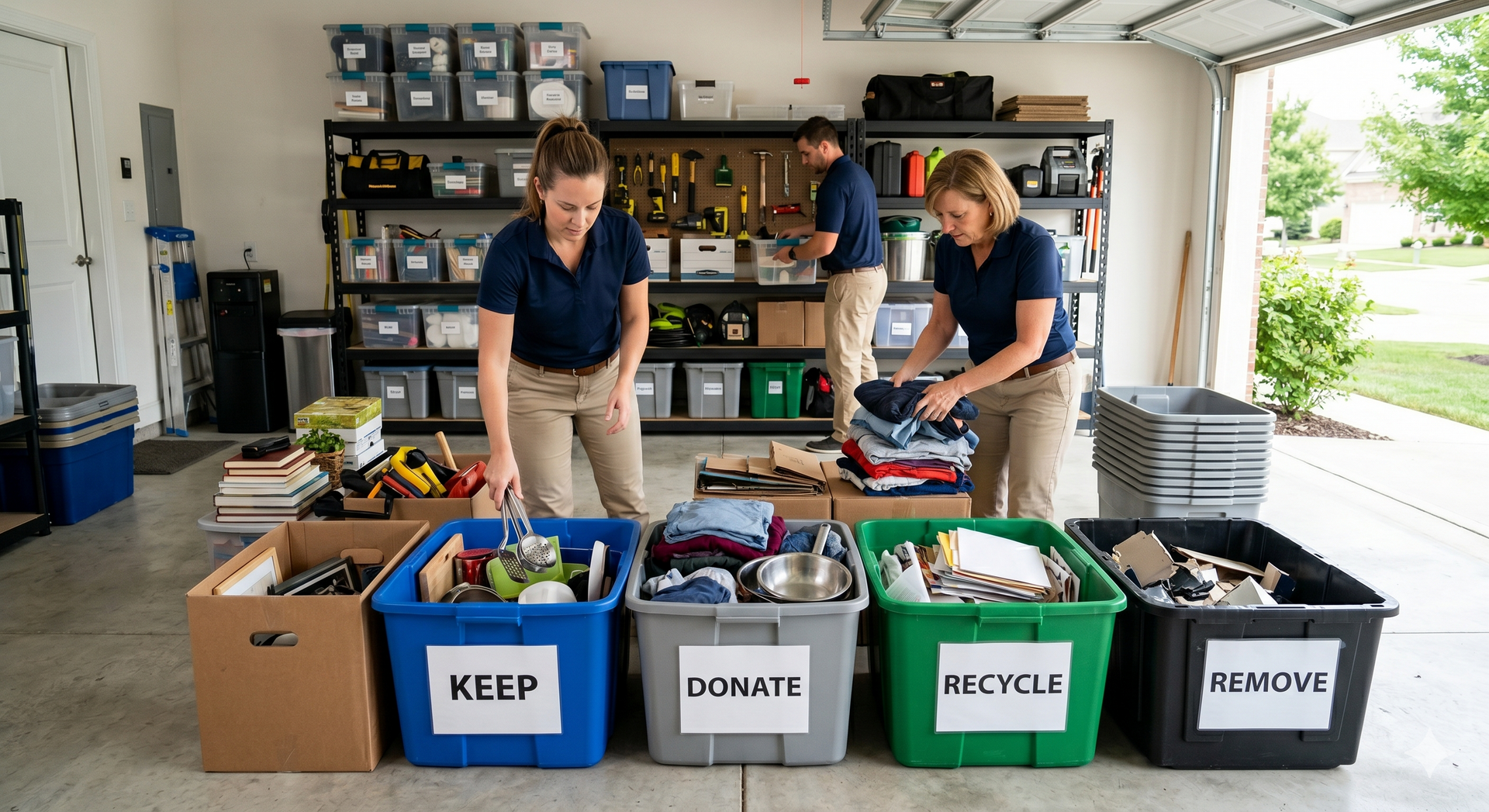 Three people sorting items into KEEP, DONATE, RECYCLE, and TRASH bins in a garage.