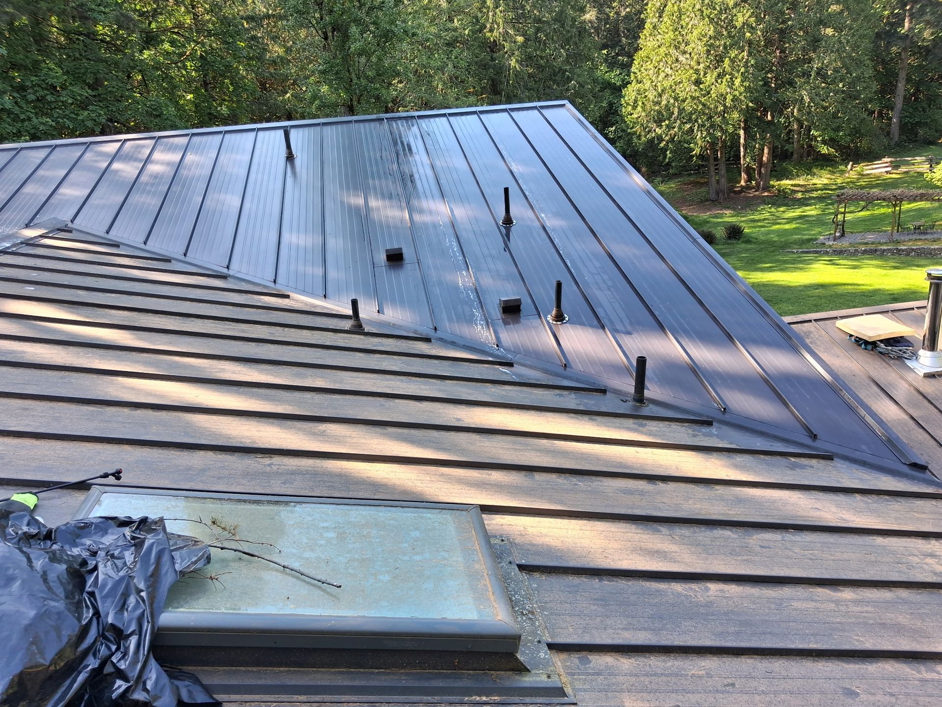 Rooftop with dark metal panels and skylights, surrounded by trees and sunlight.