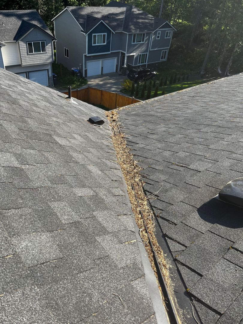 Roof valley with a long crack and debris, viewed from above toward a neighboring house and yard.