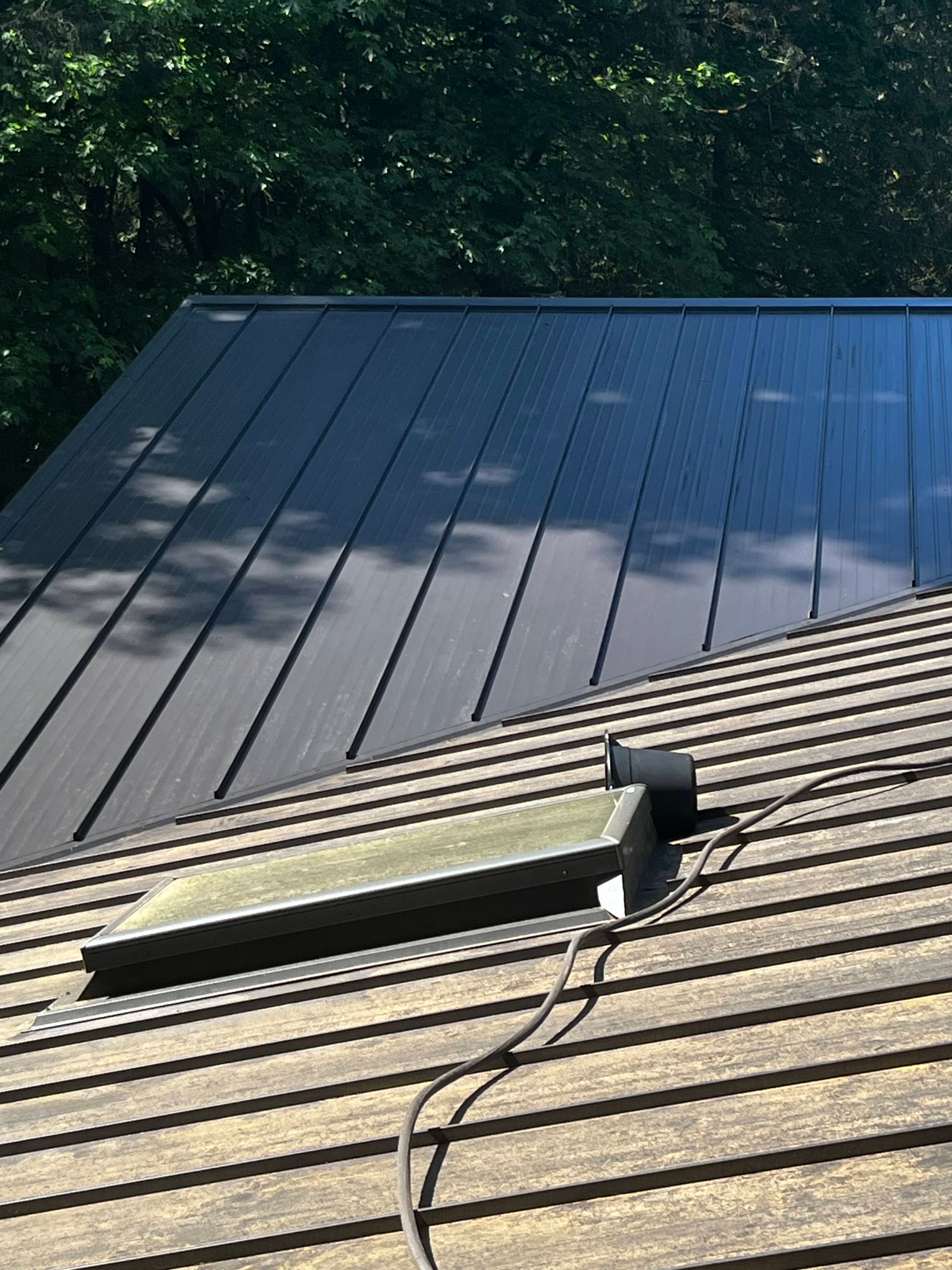 Solar panel and skylight on a sloped shingle roof with trees in the background