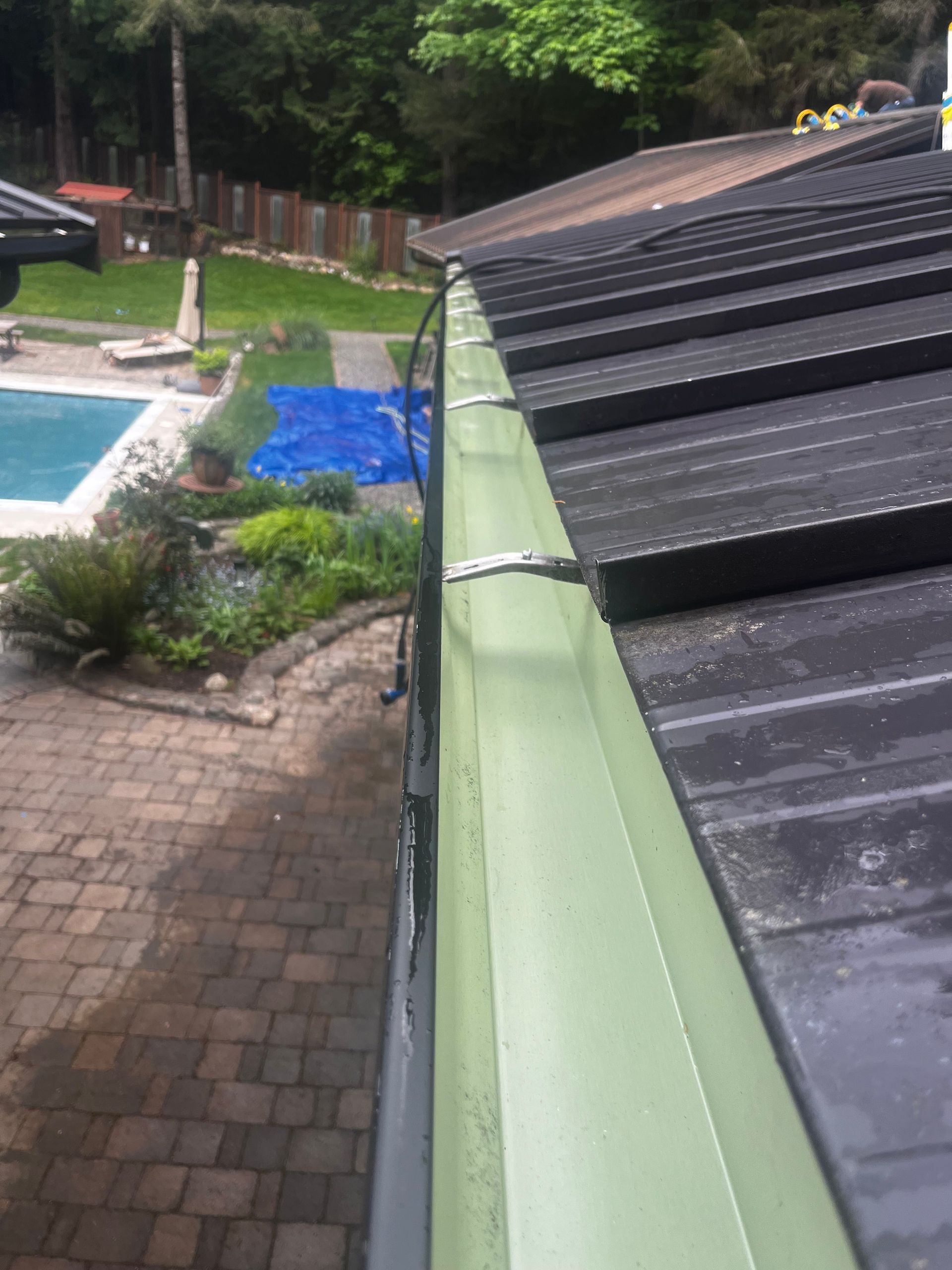 Backyard pool area with brick patio, green gutter, and covered roof beside trees and shrubs