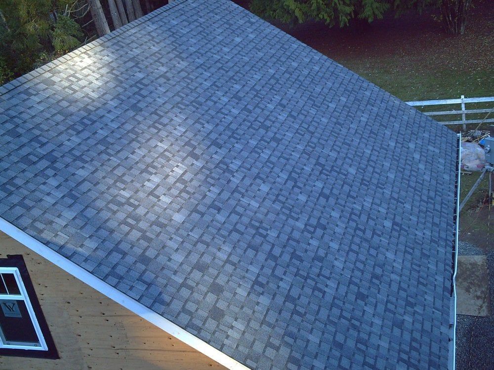 Aerial view of a gray shingled roof beside trees and a driveway