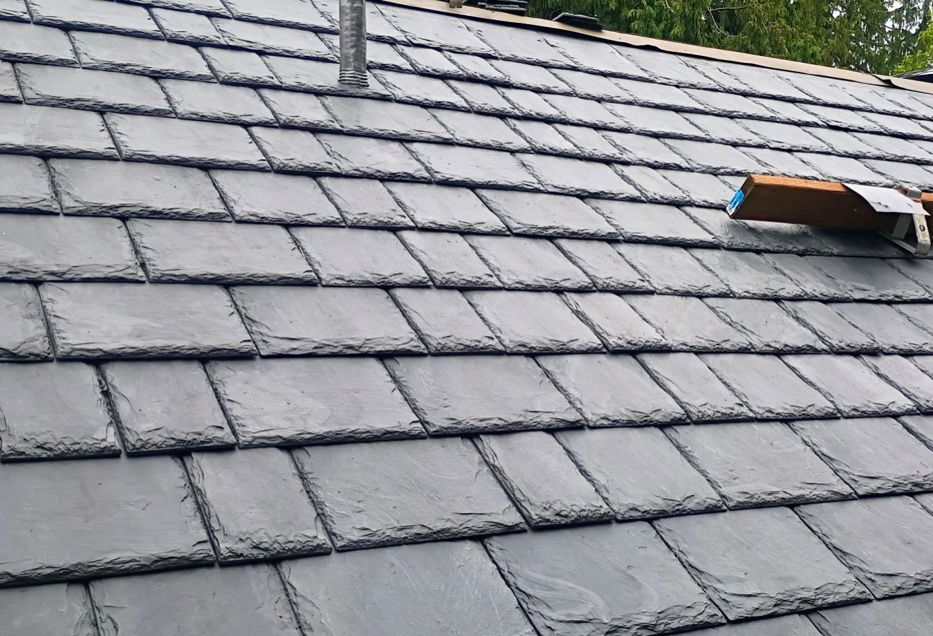 Slate roof with a small rooftop object near the upper right corner